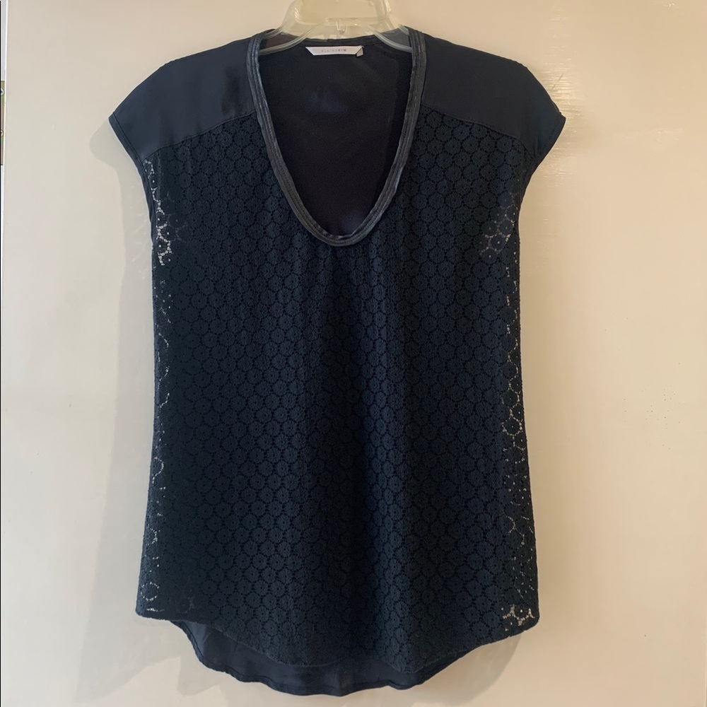 Elaine Kim Silk Blouse w/Leather Trim Black Size P